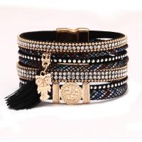 PU Leather Cord Bracelets, Zinc Alloy, with PU Leather, gold color plated, fashion jewelry & multilayer & for woman & with rhinestone 