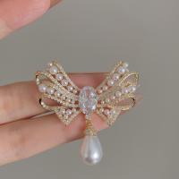 Cubic Zirconia Brooch, Brass, with Plastic Pearl, Bowknot, gold color plated, micro pave cubic zirconia & for woman 