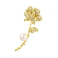 Cubic Zirconia Brooch, Brass, with Plastic Pearl, Rose, gold color plated, micro pave cubic zirconia & for woman 