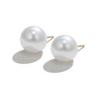 Boucle d'oreille en alliage de zinc en plastique perle, perle de plastique, avec alliage de zinc, Rond, Placage de couleur d'or, bijoux de mode & pour femme, blanc, 12mm, Vendu par paire