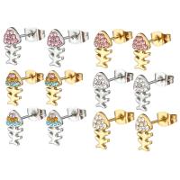 Stainless Steel Rhinestone Stud Earring, 304 Stainless Steel, Fish Bone, Vacuum Ion Plating, for woman & with rhinestone 