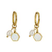 Boucles d'oreilles en acier titane, avec perle de plastique, Plaqué or 18K, bijoux de mode & pour femme, doré, 31mm, Vendu par paire