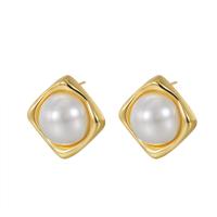 Brass Stud Earring, with Plastic Pearl, Square, plated, for woman 