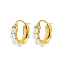 Brass Hoop Earring, with Plastic Pearl, plated, for woman 