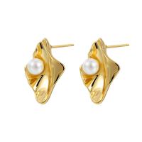 Brass Stud Earring, with Plastic Pearl, plated, for woman 