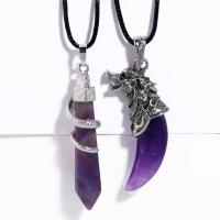 Quartz Necklace, Amethyst, with leather cord & Brass, with 5cm extender chain, silver color plated & for woman Approx 43 cm 