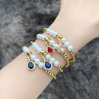 Pulseras de latón Zircon cúbico, metal, con cúbica circonia & Perlas plásticas, Gota, 18K chapado en oro, para mujer, más colores para la opción, 9x19mm, longitud:aproximado 18 cm, Vendido por UD