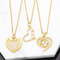 Cubic Zircon Micro Pave Brass Necklace, with Plastic Pearl, with 5cm extender chain, Heart, 18K gold plated & micro pave cubic zirconia & for woman & hollow Approx 45 cm 