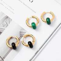 Boucles d'oreilles en acier titane, avec Malachite & pierre noire, Plaqué d'or 14K, bijoux de mode & différents matériaux pour le choix & pour femme, doré, 14mm,24mm, Vendu par paire