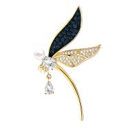 Cubic Zirconia Brooch, Brass, with Plastic Pearl, Dragonfly, plated, micro pave cubic zirconia & for woman 