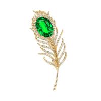 Cubic Zirconia Brooch, Brass, Feather, gold color plated, micro pave cubic zirconia & for woman 