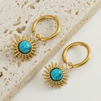 Acier titane Boucles d'oreilles pendantes Hoop Huggie, avec turquoise, Placage ionique sous vide, bijoux de mode & pour femme, doré, 14mm,16mm, Vendu par paire