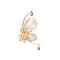 Freshwater Pearl Brooch, Brass, with Shell & Freshwater Pearl, Butterfly, gold color plated, micro pave cubic zirconia & for woman 