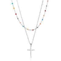 Collier de mode Multi couche, Acier inoxydable 304, avec 1.97inch chaînes de rallonge, croix, poli, Double couche & bijoux de mode & pour femme & émail, couleur originale Environ 17.72 pouce, Environ 14.96 pouce, Vendu par PC