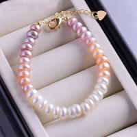 bracelet en laiton de perle d'eau douce cultivée, avec laiton, avec 3-5cm chaînes de rallonge, Placage de couleur d'or, bijoux de mode & pour femme, multicolore, 7-8mm Environ 15-16 cm, Vendu par PC