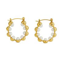 Boucles d'oreilles en acier titane, avec perle de plastique, Plaqué d'or 18K, bijoux de mode & pour femme Vendu par paire