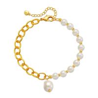 Pulseras de latón, metal, con Shell Pearl, con 2.36inch extender cadena, 18K chapado en oro, Joyería & para mujer, dorado, longitud:aproximado 6.49 Inch, Vendido por UD