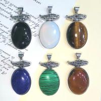 Gemstone Zinc Alloy Pendants, with Zinc Alloy, Oval, silver color plated, Unisex 