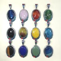 Gemstone Zinc Alloy Pendants, with Zinc Alloy, Oval, silver color plated, Unisex & enamel 