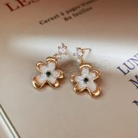 Rhinestone Brass Drop Earring, Flower, real gold plated, for woman & enamel & with rhinestone 