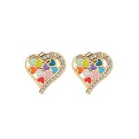 Cubic Zirconia Micro Pave Brass Earring, Heart, gold color plated, micro pave cubic zirconia & for woman & enamel 