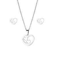 Fashion Stainless Steel Jewelry Sets, 304 Stainless Steel, Stud Earring & necklace, Heart, 2 pieces & fashion jewelry & for woman, silver color Approx 17.72 Inch 