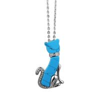 Collier de bijoux de titane, Acier titane, avec turquoise synthétique, chat, unisexe & avec strass, bleu Environ 60 cm, Vendu par PC