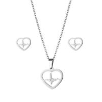 Fashion Stainless Steel Jewelry Sets, 304 Stainless Steel, Stud Earring & necklace, Heart, 2 pieces & fashion jewelry & for woman, silver color Approx 17.72 Inch 