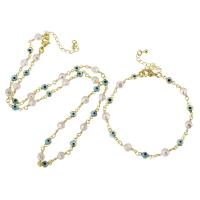 Evil Eye Jewelry Set, Brass, with Plastic Pearl, gold color plated, fashion jewelry & for woman & enamel, 15*5*6mm,5*10*2mm,15*5*6mm,10*5*2mm Approx 20 Inch, Approx 10 Inch 