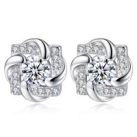 Rhinestone Brass Stud Earring, Cupronickel, Four Leaf Clover, platinum plated, for woman & with rhinestone 