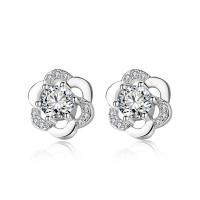 Rhinestone Brass Stud Earring, Flower, platinum plated, for woman & with rhinestone & hollow, 9.5mm 