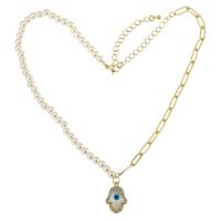 Collier Evil Eye bijoux, laiton, avec perle de plastique, Placage de couleur d'or, bijoux de mode & pavé de micro zircon & pour femme, 13*20*3mm,5*4.5*5mm,4*11*1mm Environ 18.5 pouce, Vendu par PC