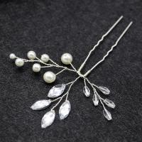 Hair Stick, Zinc Alloy, with Plastic Pearl, fashion jewelry & for woman & with rhinestone, silver color 