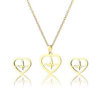 Fashion Stainless Steel Jewelry Sets, 304 Stainless Steel, Stud Earring & necklace, Heart, 2 pieces & fashion jewelry & for woman, golden Approx 17.72 Inch 