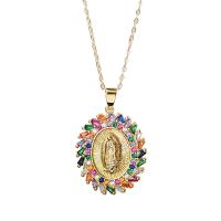 Cúbicos circón Collar de latón Micro pavimenta, metal, Virgen María, chapado en color dorado, cadena oval & micro arcilla de zirconia cúbica & para mujer, longitud:aproximado 17.7 Inch, Vendido por UD