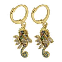 Cubic Zirconia Micro Pave Brass Earring, Seahorse, gold color plated, fashion jewelry & micro pave cubic zirconia & for woman, 34mm,12*20*3mm 