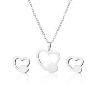 Fashion Stainless Steel Jewelry Sets, 304 Stainless Steel, Stud Earring & necklace, Heart, 2 pieces & fashion jewelry & for woman, silver color Approx 17.72 Inch 