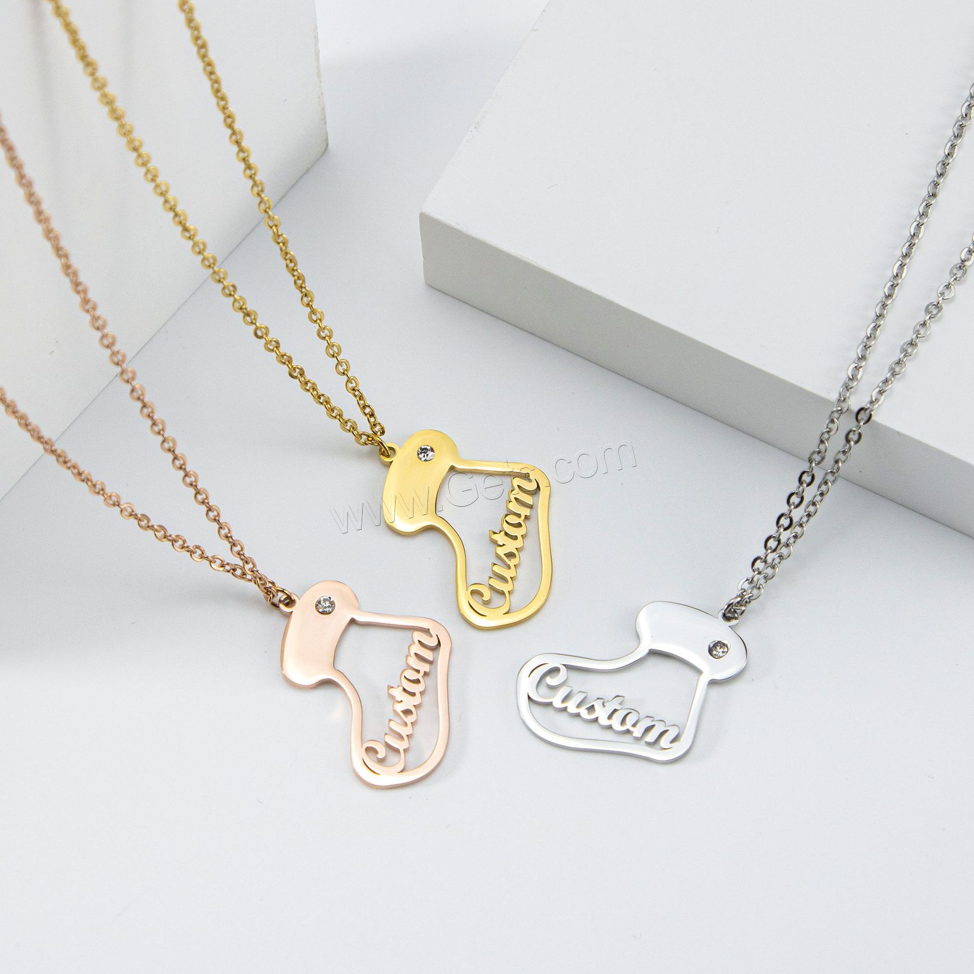 acero inoxidable 304 collar, con 1.97inch extender cadena, Calcetín de Navidad, 18K chapado en oro, Cada texto personalizado debe tener menos de 10 letras & Diseño de Navidad & Joyería & unisexo & con diamantes de imitación, más colores para la opción, longitud:aproximado 17.72 Inch, Vendido por UD