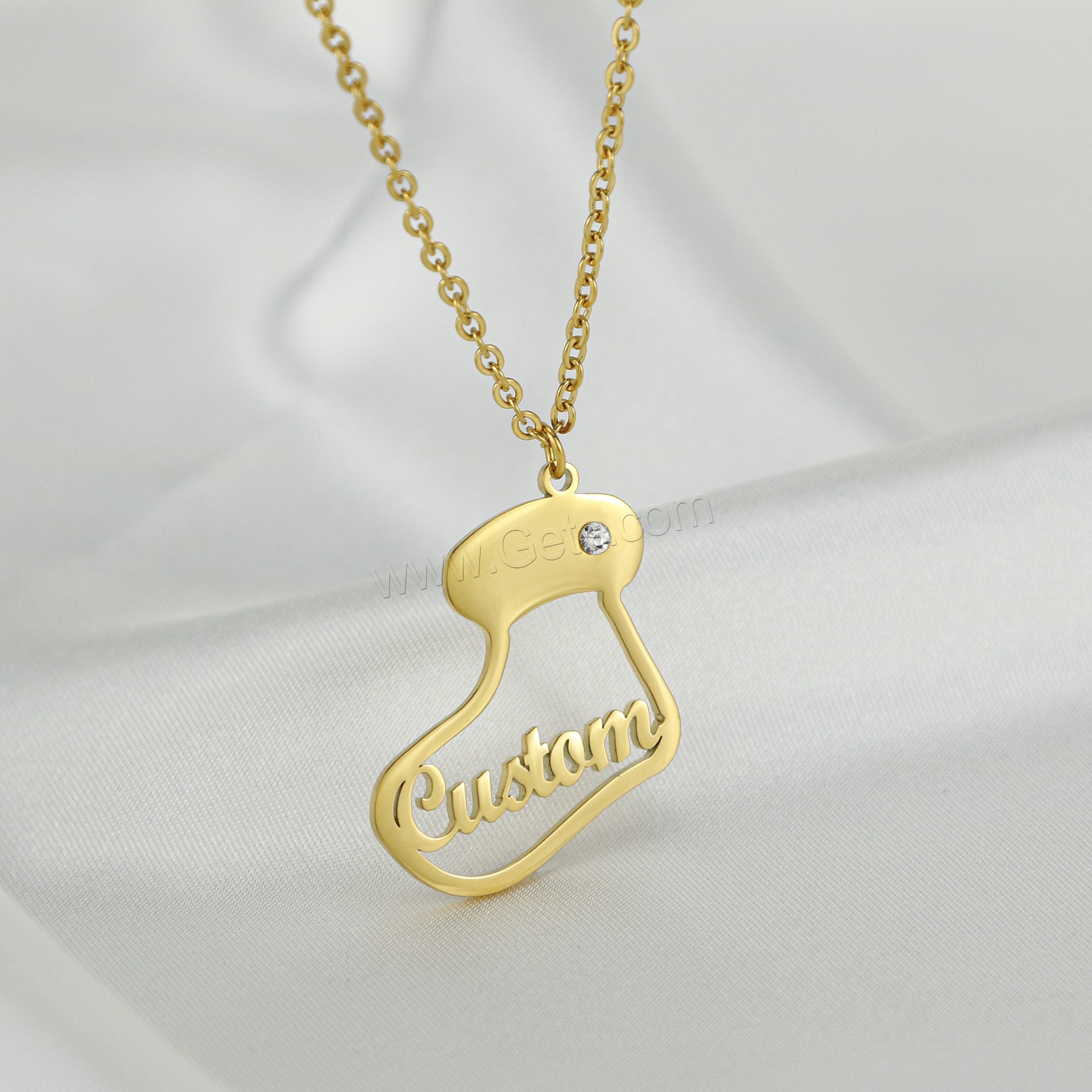 acero inoxidable 304 collar, con 1.97inch extender cadena, Calcetín de Navidad, 18K chapado en oro, Cada texto personalizado debe tener menos de 10 letras & Diseño de Navidad & Joyería & unisexo & con diamantes de imitación, más colores para la opción, longitud:aproximado 17.72 Inch, Vendido por UD