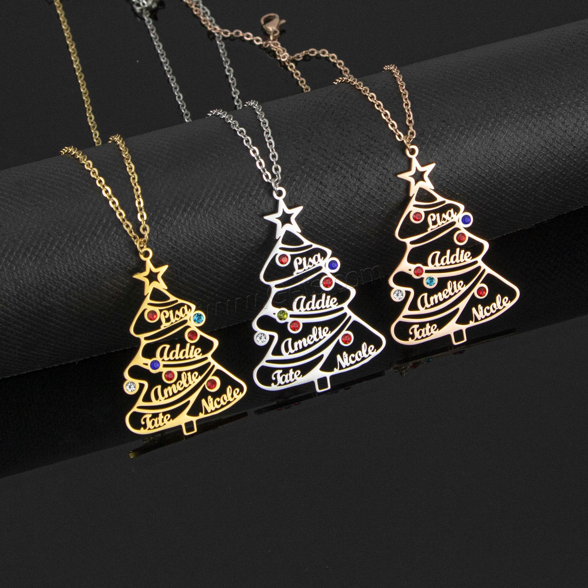 acero inoxidable 304 collar, con 1.97inch extender cadena, Árbol de Navidad, 18K chapado en oro, Cada texto personalizado debe tener menos de 10 letras & Diseño de Navidad & Joyería & unisexo & con diamantes de imitación, más colores para la opción, longitud:aproximado 17.72 Inch, Vendido por UD