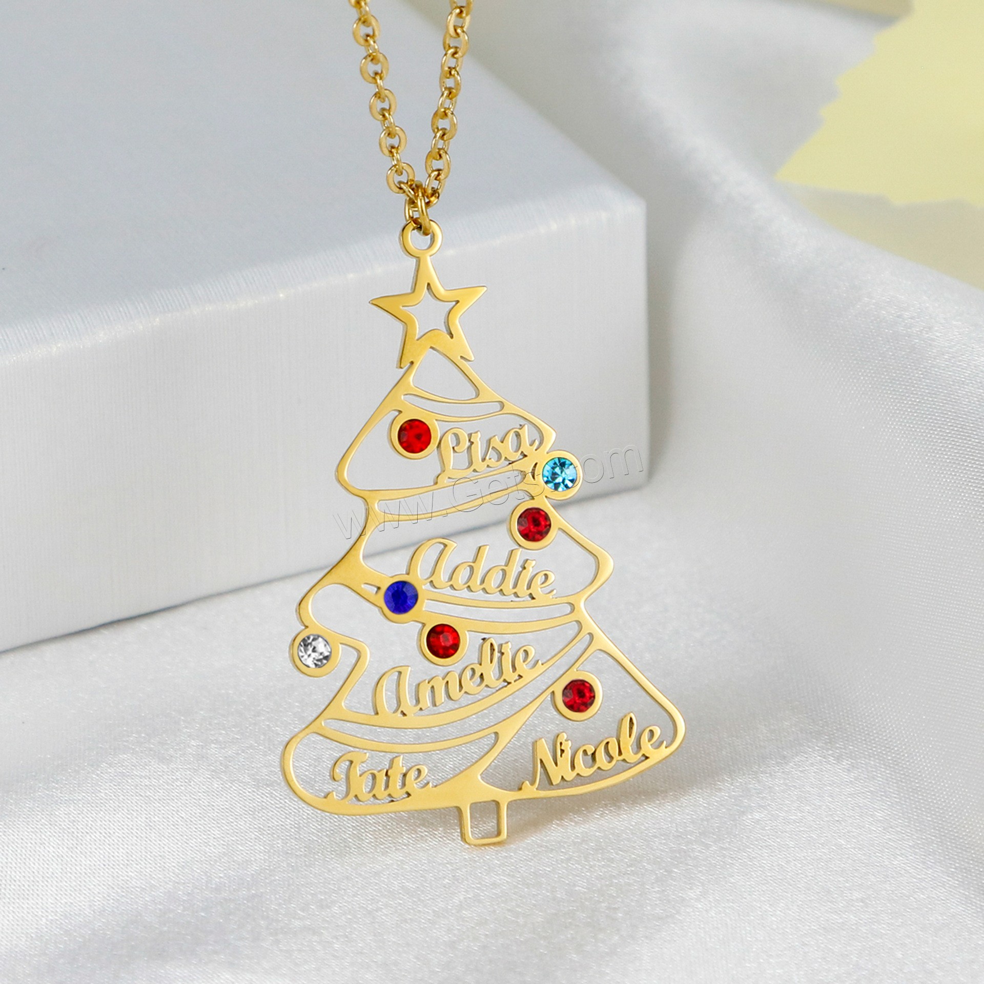 acero inoxidable 304 collar, con 1.97inch extender cadena, Árbol de Navidad, 18K chapado en oro, Cada texto personalizado debe tener menos de 10 letras & Diseño de Navidad & Joyería & unisexo & con diamantes de imitación, más colores para la opción, longitud:aproximado 17.72 Inch, Vendido por UD