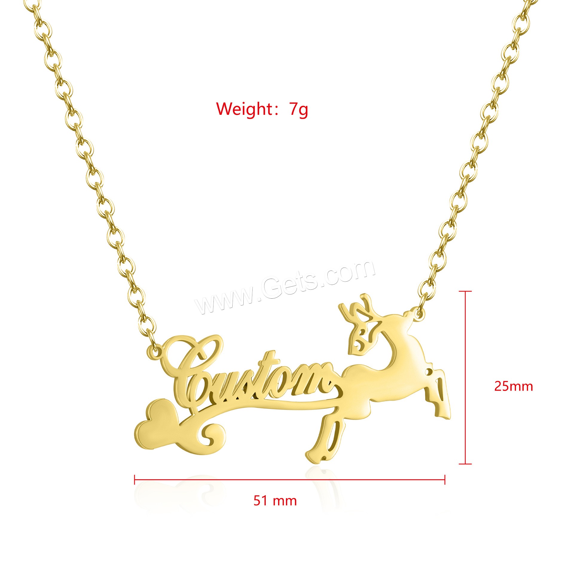 304 Edelstahl Halskette, mit Verlängerungskettchen von 1.97inch, Weihnachtselch, 18K vergoldet, Jeder benutzerdefinierte Text muss weniger als zehn Buchstaben sein & Weihnachts-Design & Modeschmuck & unisex, keine, 51x25mm, Länge:ca. 17.72 ZollInch, verkauft von PC