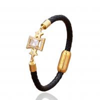 PU Leather Cord Bracelets, with Brass & 304 Stainless Steel, gold color plated & micro pave cubic zirconia & for woman cm 