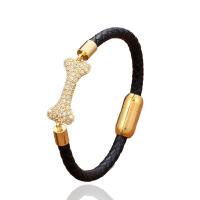 PU Leather Cord Bracelets, with Brass & 304 Stainless Steel, gold color plated & micro pave cubic zirconia & for man cm 