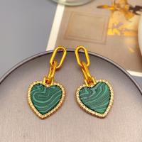 Boucle d'oreille en demi-gemme , laiton, avec Malachite, coeur, Plaqué or 18K, bijoux de mode & pour femme & avec strass, doré Vendu par paire