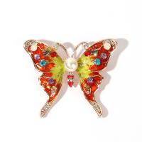 Enamel Brooch, Zinc Alloy, with Plastic Pearl, Butterfly, fashion jewelry & for woman & with rhinestone, orange 