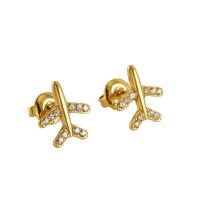 Boucles d'oreilles en acier titane, avion, Plaqué or 18K, unisexe & avec strass Vendu par paire