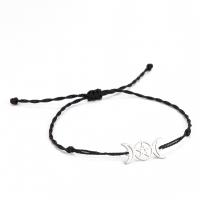 Cordón de lana pulsera, Cordón de nudo, con acero inoxidable 304, Luna y estrella, ajustable & para mujer & hueco, Negro, 20.2x9.9mm, longitud:aproximado 15-30 cm, Vendido por UD