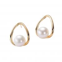 Freshwater Pearl Brass Earring, with Brass, 925 sterling silver post pin, gold color plated, Natural & fashion jewelry & for woman, two different colored, 7-8mm 