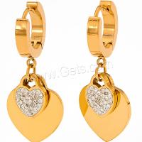 Huggie Hoop Drop Earring, Нержавеющая сталь 304, Сердце, Другое покрытие, ювелирные изделия моды & со стразами, Золотой продается Пара